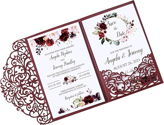 Amazon Com Dorishome 1pc Burgundy Blank 4 7x7 Inch Wedding Invitation Kits Laser Cut Hollow Rose Pocket Wedding Invitations With Envelopes For Wedding Bridal Shower Engagement Invite Kitchen Dining