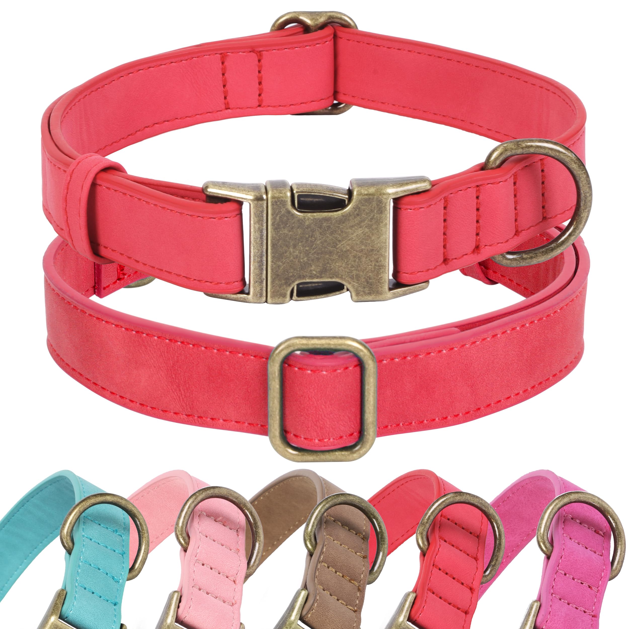 Jumpress Soft Leather Dog Collar for Small Medium Large Dogs, Heavy Duty Dog Collar Leather with Quick Release Metal Buckle, Durable & Adjustable for Small Dogs Walking (Red, S)