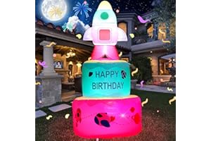 TRMESIA Birthday Gift for Kid,6FT Birthday Cake Inflatable Outdoor Decorations, Blow up Happy Birthday Cake with LED Lights,Party Addition for Garden Yard Lawn,Home Celebration DIY Rocket Shape Cake