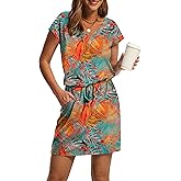 OFEEFAN Summer Dresses for Women 2026 V Neck T Shirt Casual Mini Dresses Tie Waist Sundresses with Pockets
