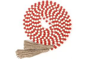 CVHOMEDECO. 16 Feet Wood Beads Garland with Tassels Farmhouse Rustic Wooden Decorative Bead String Wall Hanging Accent for Home Festival Decor. Mix Red and Beige