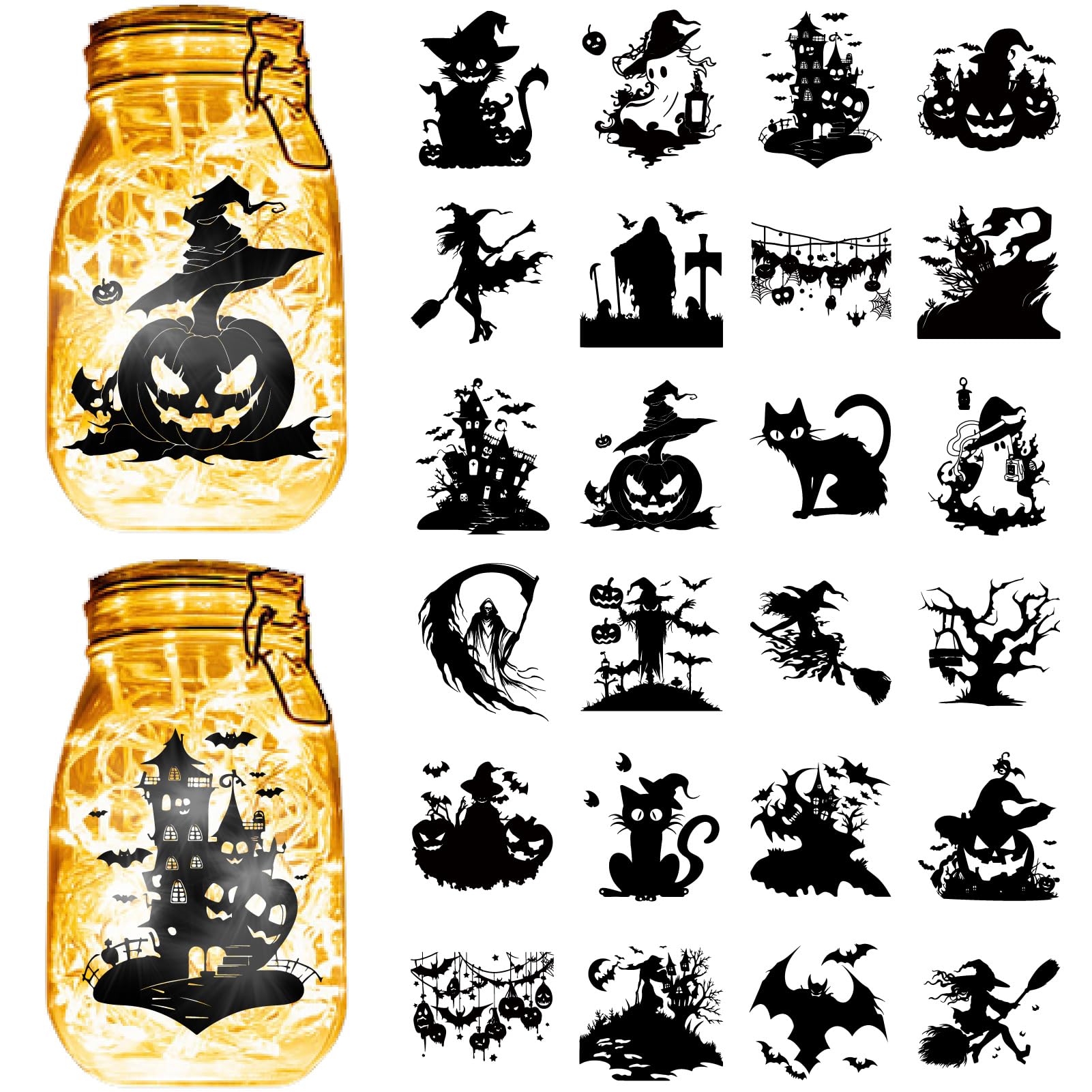 CREATCABIN 24PCS Halloween Silhouettes Stickers Mason Jar Cutouts Decals Castle Witch Stickable Scrapbook Waterproof PVC Lantern Jar Decoration for Wall Windows Frosted Glass Crafts 3.5x3.9in