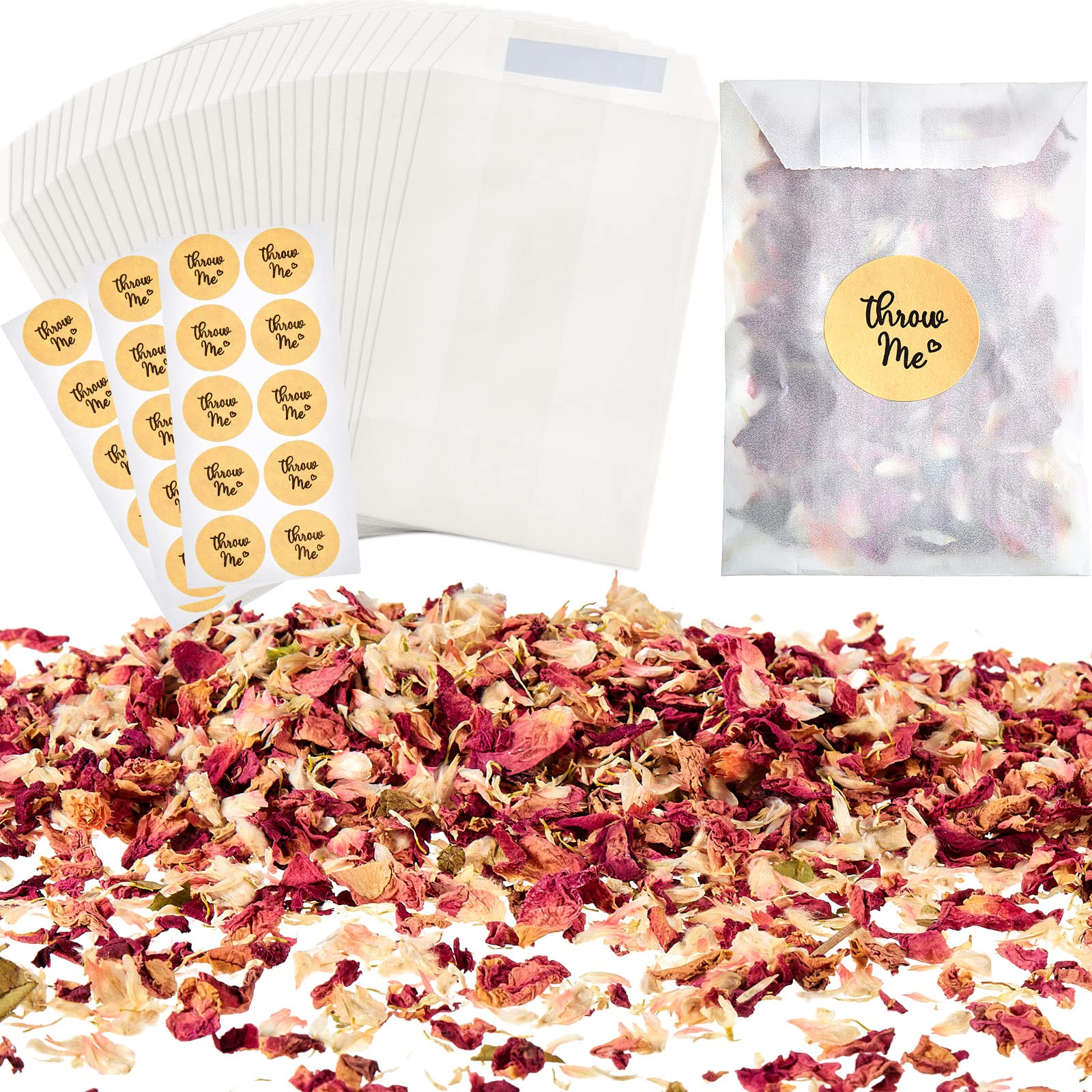 Wedding Confetti Bag Kit for 25-30 Guests, Including Natural Confetti Dried Flower Dried Rose Petals Glassine Paper Bags Stickers for Wedding Party Christmas Decor(Stylish Style)