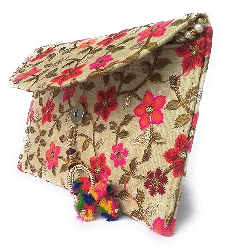 Kings Mount Womens Cotton Embroidered Clutch with Multicolour Pearl Dori (Golden)