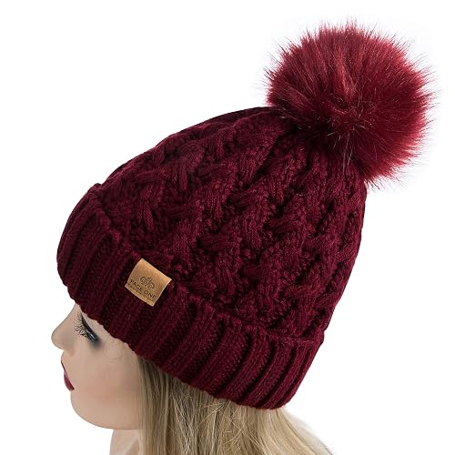 Women’s Wine Red Winter Ribbed Beanie Hat Chunky Cable Knit Pompom Warm PAGE ONE Womens Winter Ribbed Beanie Crossed Cap Chunky  main image 2
