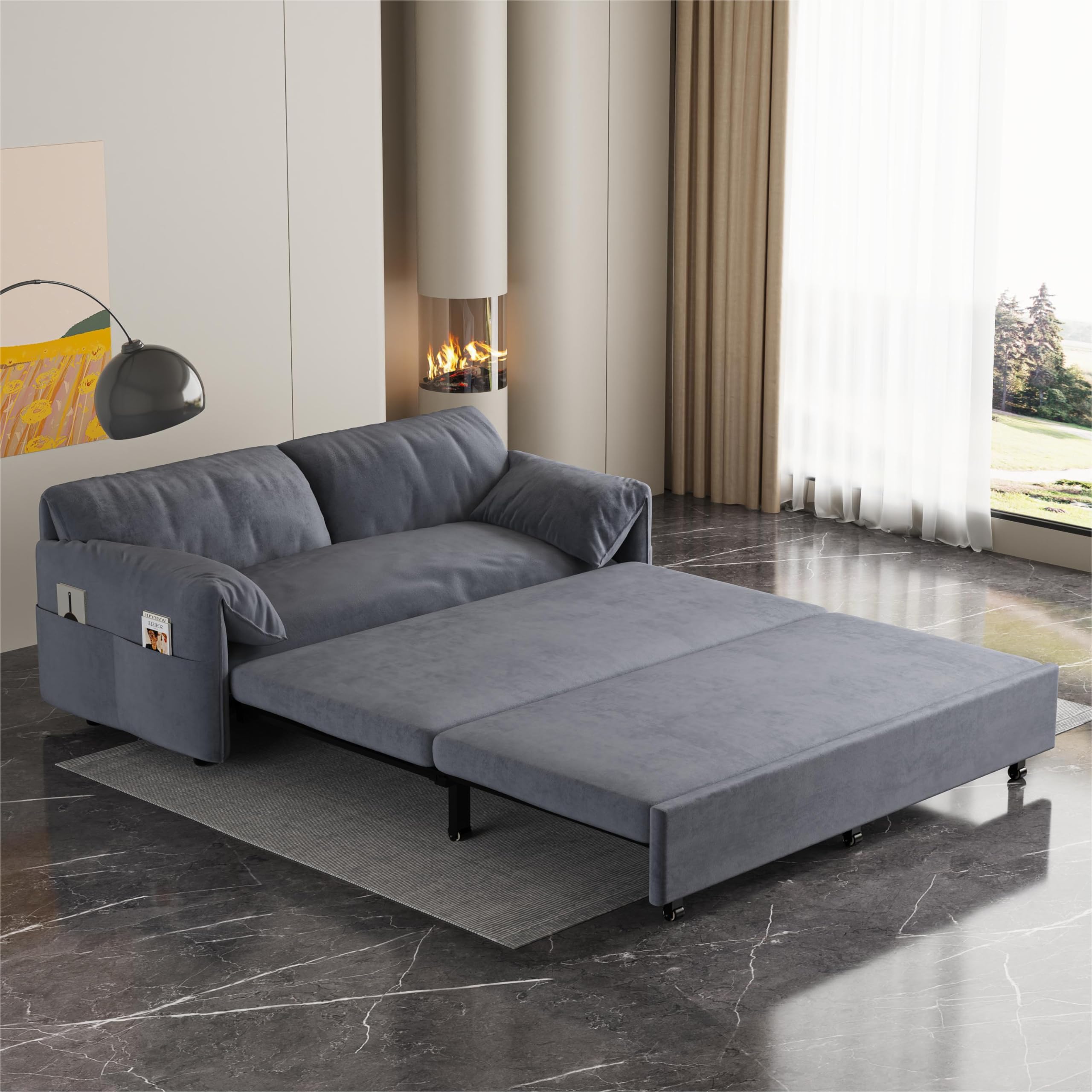 Photo 1 of Ball & Cast 63.8" Convertible Sleeper Sofa,3-in-1 Queen Pull Out Couch with Side Pockets,Multi-Functional Velvet Loveseat Bed for Living Room,Bedroom,Apartment,Office,Grey