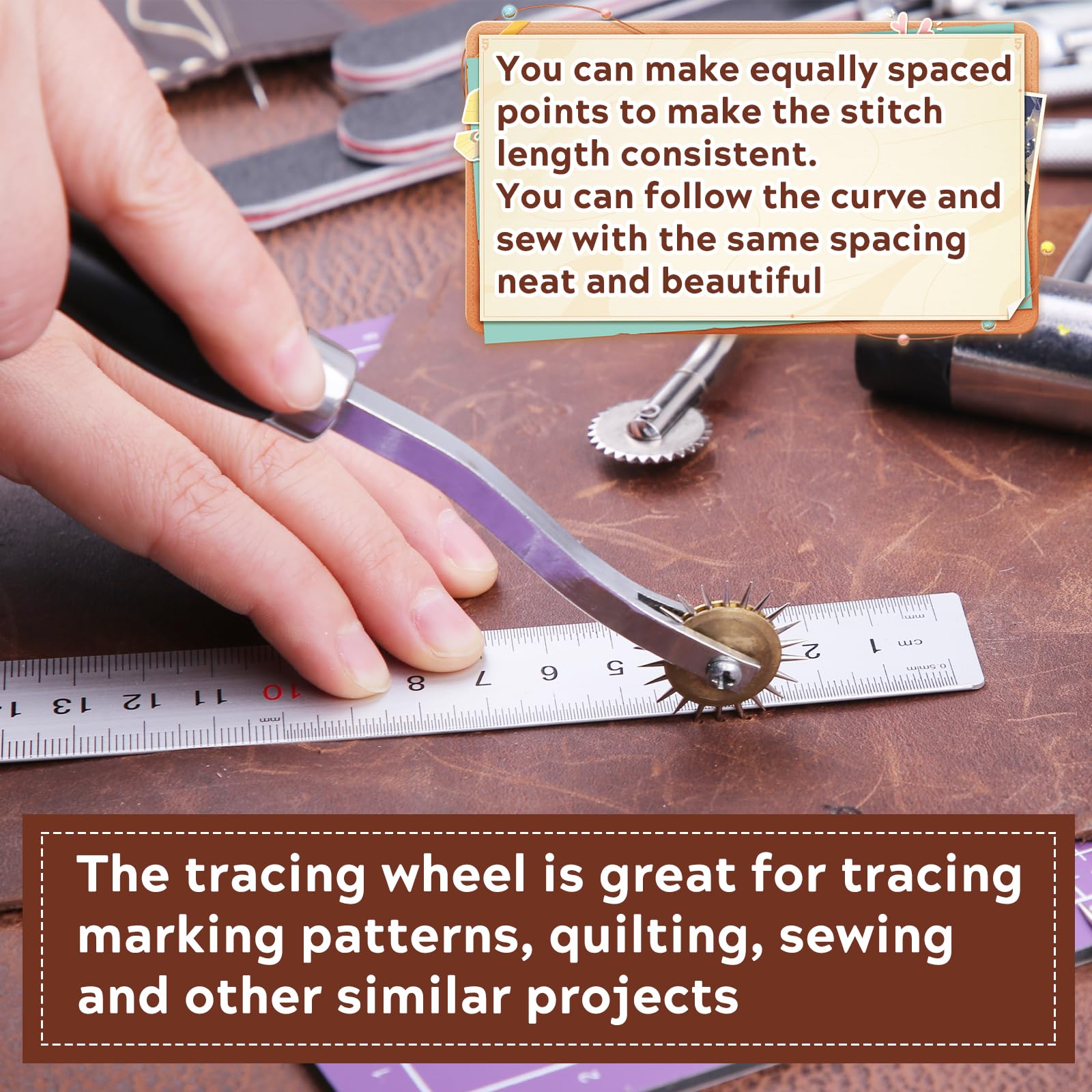 2PCS Tracing Wheel,Professional Stitch Marking Spacer,Wood and Stainless Steel Pounce Wheel,Pounce Wheel for Sewing Patterns with Wooden Handle forTracing Paper and Leather Crafts