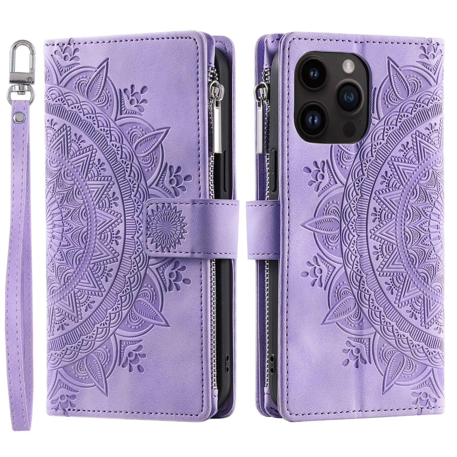 VEEMOS Wallet Case for iPhone 15 Pro Max Flower Flip Case Protective Leather Folio Book Phone Cover with Card Slots Kickstand Zipper Pocket - Purple