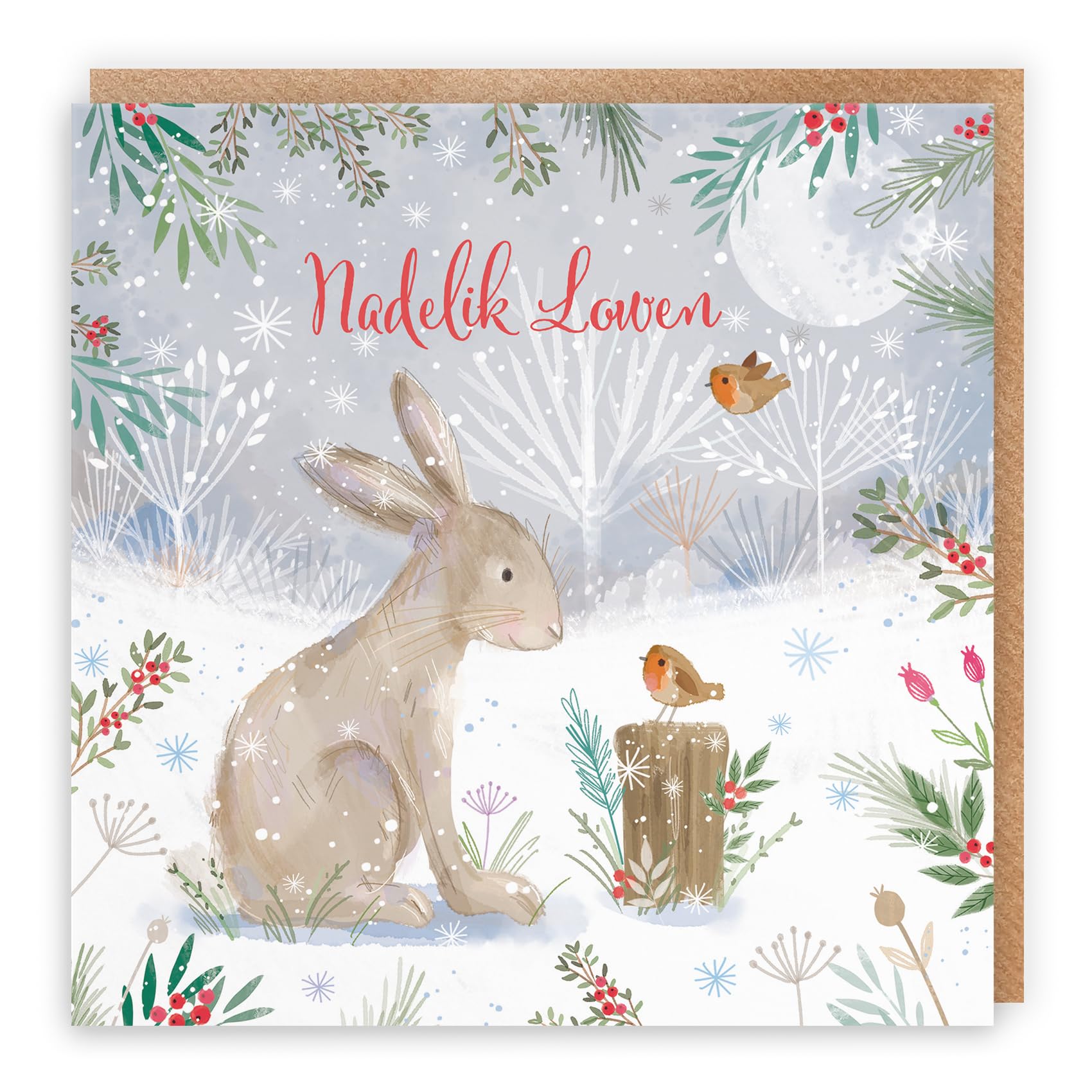 Hunts England - Cornish Cute Hare Christmas Card - Nature's Treasures - Cornish Language Card - Happy Animal Wildlife Cute Merry Xmas Card - Robins And Snow - Nadelik Lowen