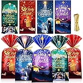 HOWAF 100PCS Holy Nativity Cellophane Gift Bag, Religious Christmas Plastic Goodie Bags for Christian Xmas Holiday Party Supplies, O Holy Night Treat Bags Nativity Scene Candy Bags with Ties