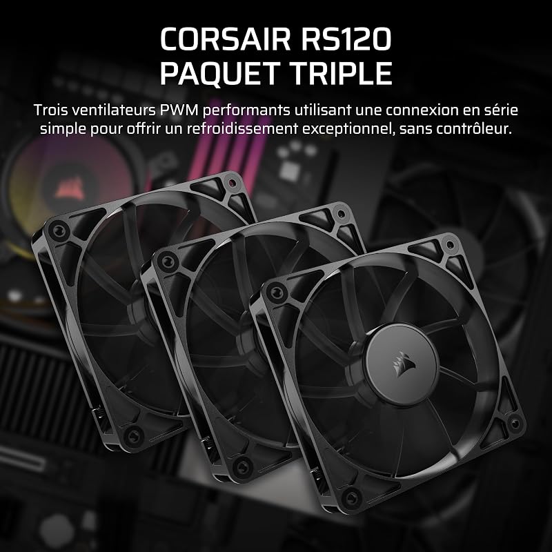 RS120 120mm Ventilateurs PWM – Connexion Daisy-Chain – Faible Bruit – Roulement à Dôme Magnétique – Paquet Triple – Noir