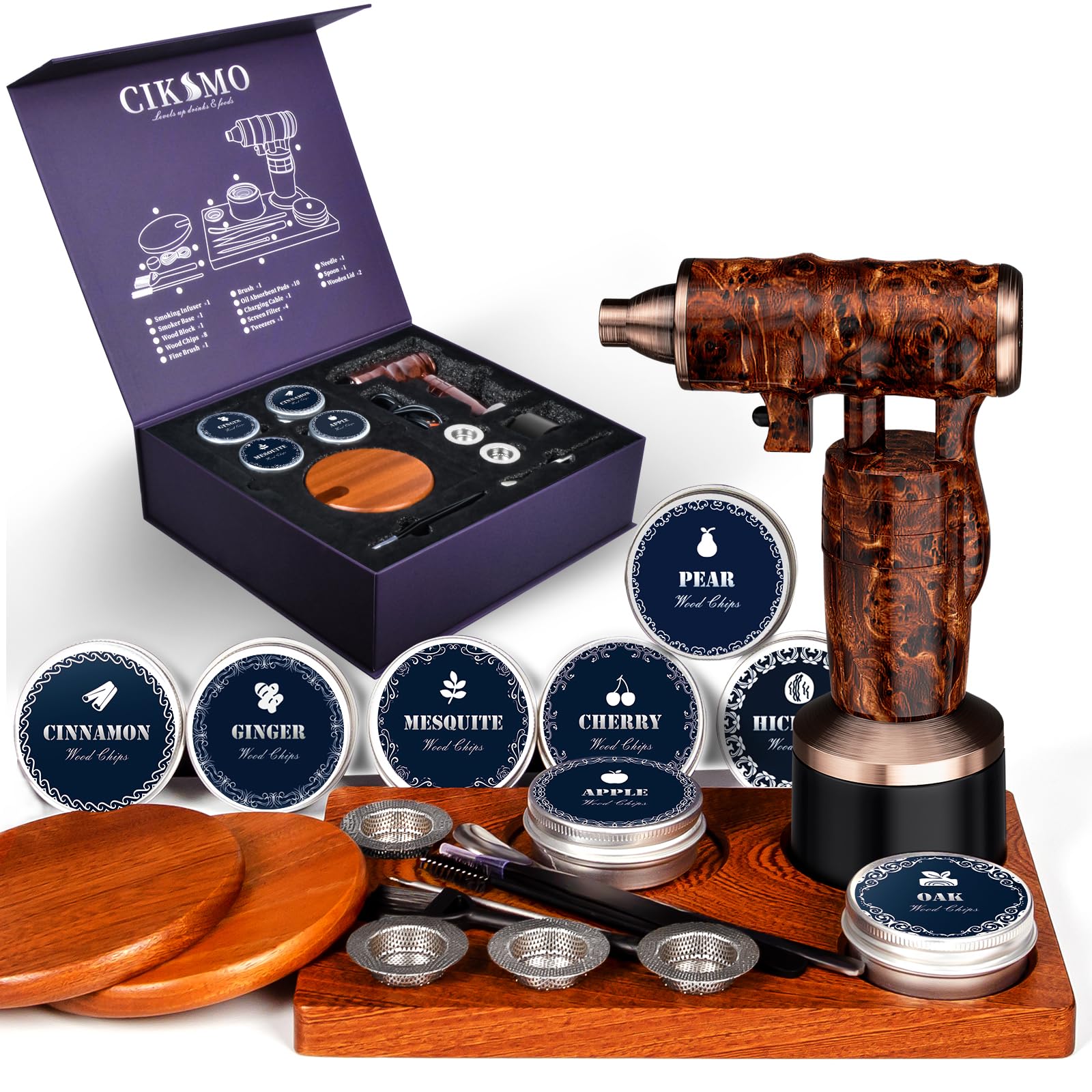 Photo 1 of Electric Whiskey Smoker Kit - Rechargeable Smoker Gun for Drinks Food, Smoked Old Fashion Cocktail Bourbon Infusing Kit, 8 Wood Chips, Birthday Unique Gifts for Men Husband, Bar Tool Set, Brown