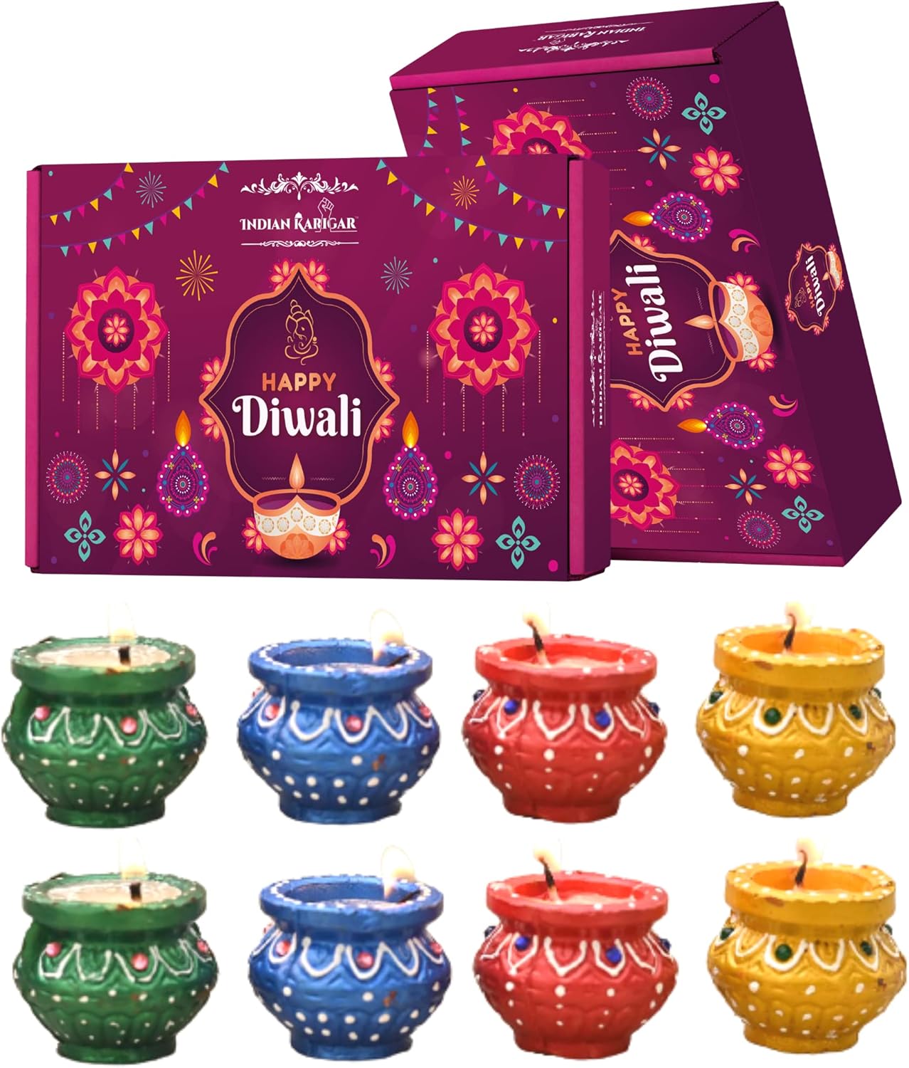 Oil Lamps & Accessories - Indian Karigar Matki Diya for Diwali Decoration Items for Decor Navratri Diwali Gift Items Wax Diwali Diyas for Decoration for Family and Friends Corporate Deepak Deepam Set of 8 (Medium Matki Diya)