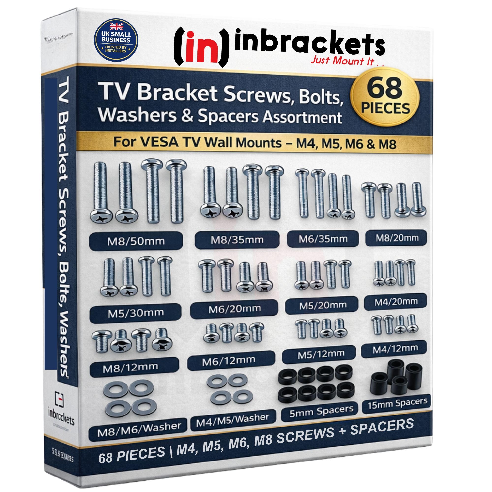 Inbrackets Universal Tv Bracket Screws Washer Spacer Kit for TV Bracket Wall Mounts compatible with Vesa Tv wall mounts M4 M5 M6 M8 Compatible with TVs Up to 80 Inch Total 68PCS (68 Pcs)