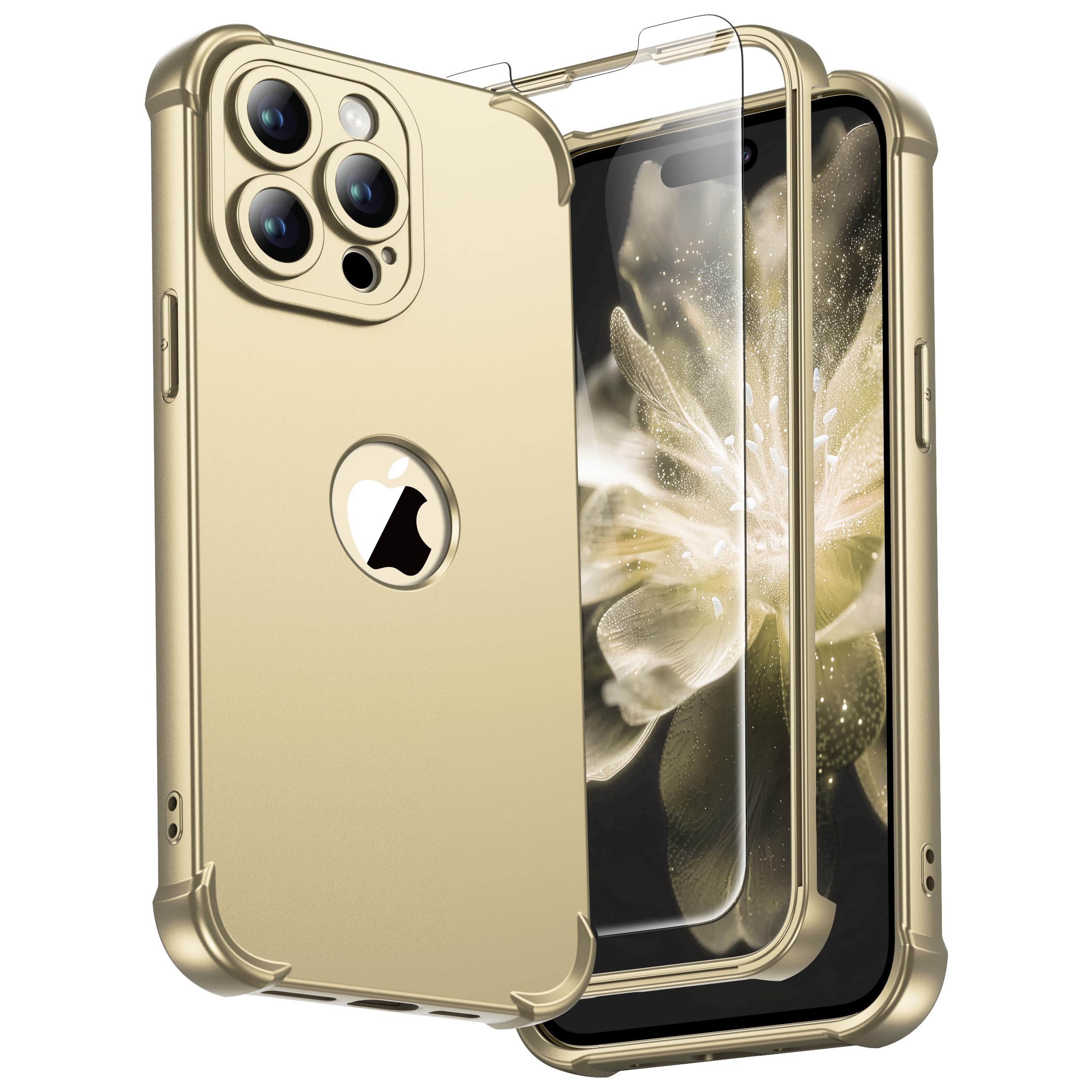 ORETECH for iPhone 14 Pro Case, with [2 x Tempered Glass Screen Protector] [Camera Protection] [Military Grade Shockproof ] Thin Slim Fit Rubber Bumper Phone Case Cover - Gold