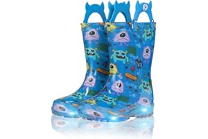 JSLOVE Toddler-Kids Light Up Rain Boots, Printed 100% Waterproof Glitter Rain Boots with Easy On Handles for Girls and Boys, Mud Lightweight Adorable with Non-Slip Sole