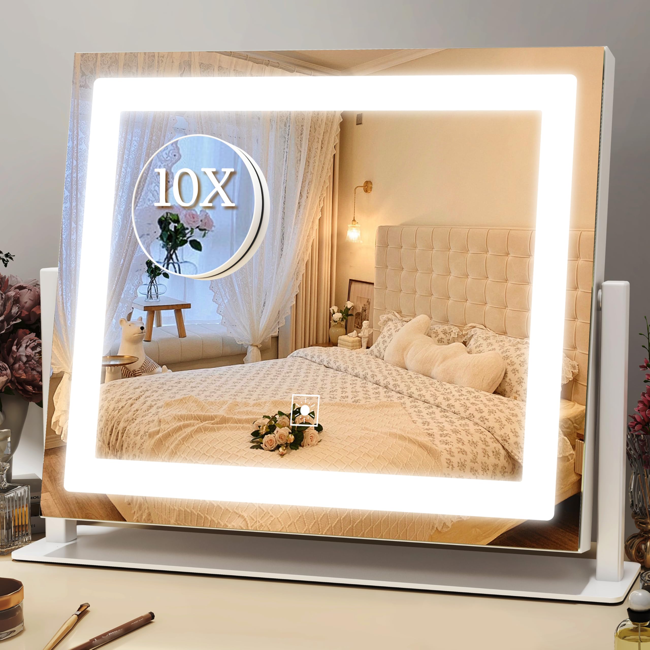 Photo 1 of ******Missing screw***** ROLOVE 16x12 Inch Vanity Mirror with Lights, Lighted Makeup Mirror with 10X Magnification, Smart Touch 3 Colors Dimmable, Dresser Mount, Bathroom (White)