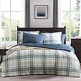 MaiRêve Plaid Queen Comforter Sets, Blue Grey Grid Farmhouse Bedding Set Bed in A Bag, Classic Checkered Comforter Sets with Fitted & Flat Sheet, Pillowcases & Shams(Blue Grey, 90"x90")