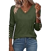 Zeagoo Womens V Neck Sweaters Shirts Long Sleeve Lightweight Ribbed Knit Pullover Sweater Blouse Tops with Buttons Oufits