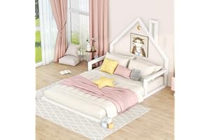 MERITLINE Full Size Floor Bed with House-Shaped Headboard, Full Montessori Floor Bed Wood Frame, No Box Spring Needed, for Kids Teens - White