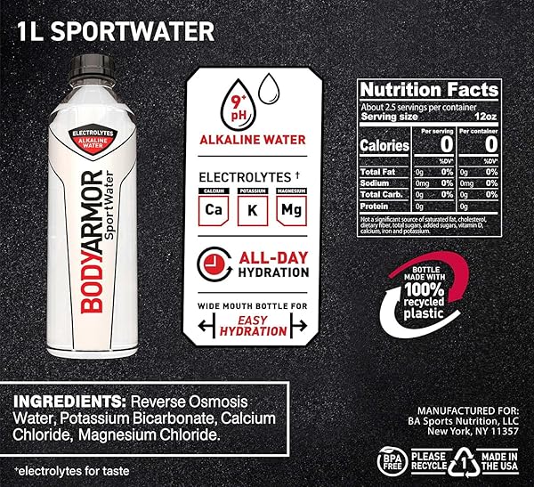 BODYARMOR SPORTWATER ALKALINE WATER, SUPERIOR HYDRATION, HIGH ALKALINE WATER PH 9+, ELECTROLYTES, PERFECT FOR YOUR ACTIVE LIFESTYLE, 1 LITER (PACK OF 6)