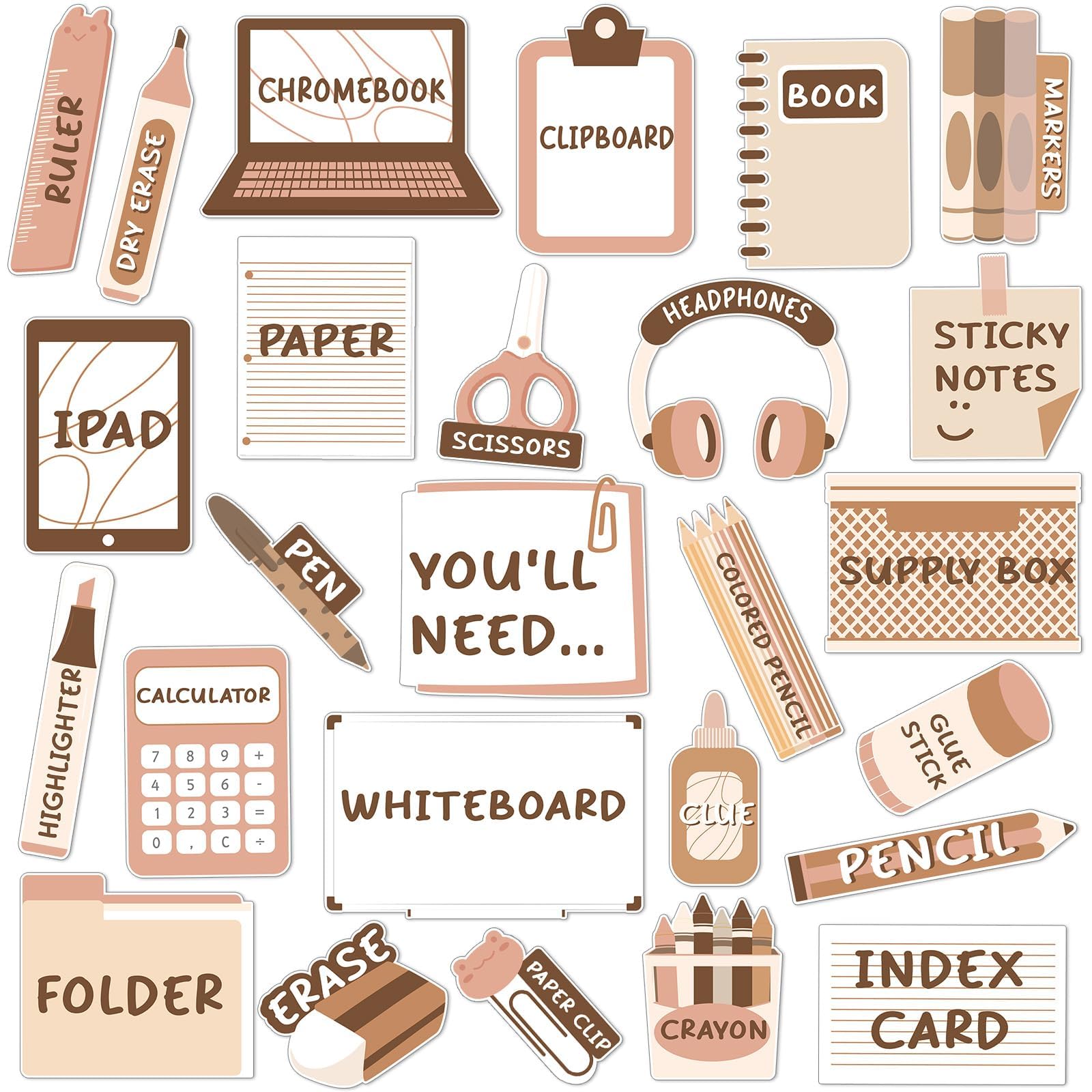 Photo 1 of 26Pcs Boho Brown You'll Need Management Magnets Classroom Visual Supply Labels Colored Classroom Magnets Teacher Must Haves for Back to School Whiteboard Elementary Teaching Tool Supplies Decors