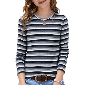 Girls Long Sleeve Shirts Kids Crewneck 2026 Fall Striped Tops 5-16 Years | Girls Long Sleeve Shirts Ribbed Knit Slim Fit Spri