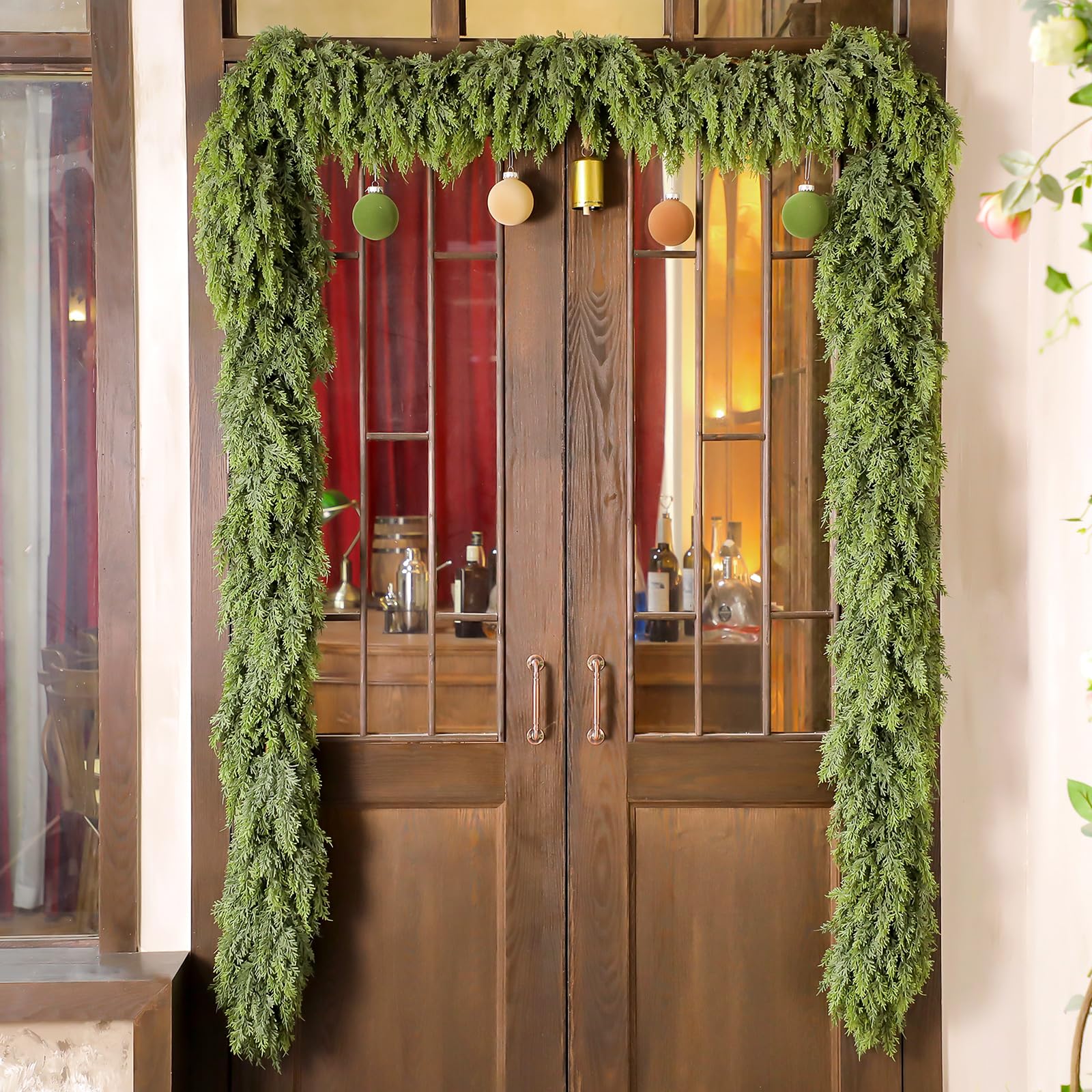Photo 1 of Waydress 1 Pcs 18ft Christmas Cedar Garland Artificial Realistic Faux Green Cedar Pine Garland for Home Fireplace Indoor Outdoor Holiday Party Decoration