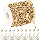 KYUNHOO 32.8 FT/10M Gold Jewelry Chains for Making Jewelry Craft Finding Supplies Flat Paperclip Chain Roll Soldered Iron Chains for Necklace Bracelet Making with Clasps