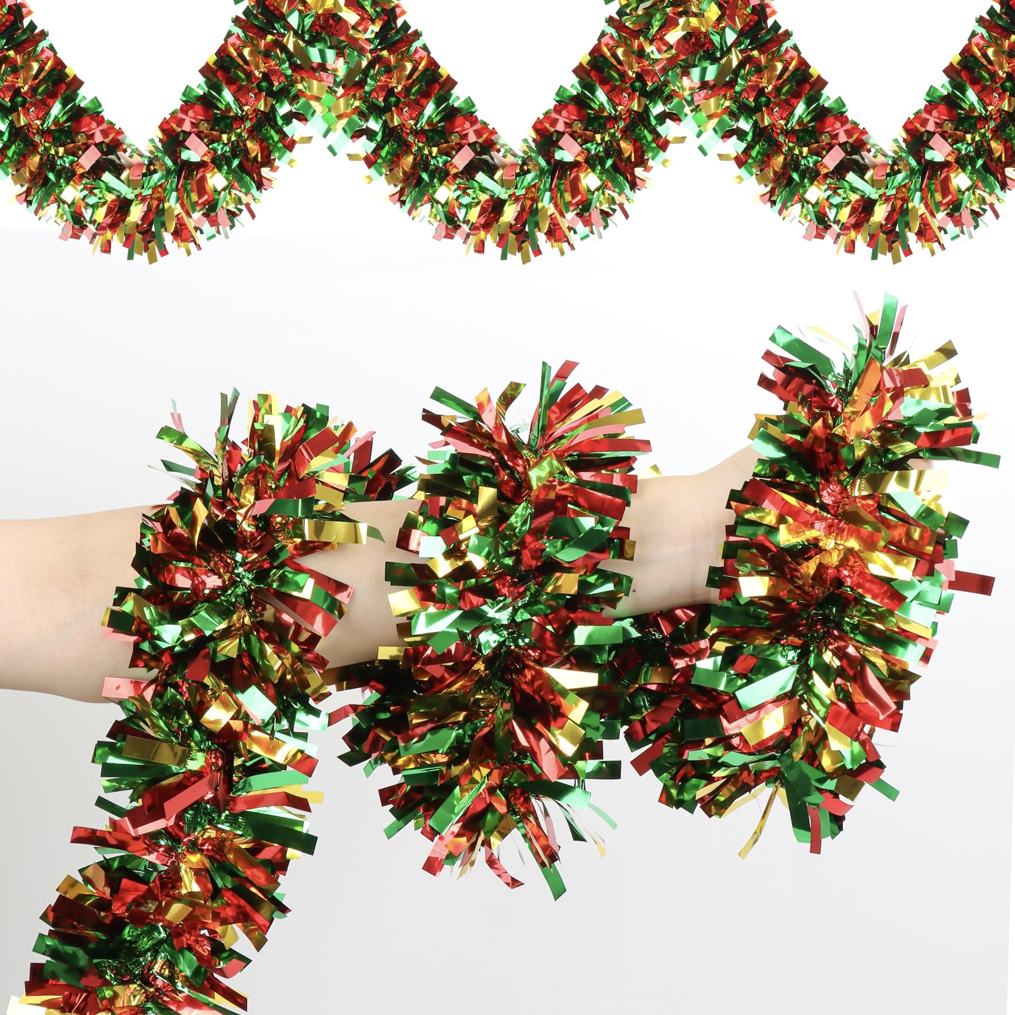 Photo 1 of 50 Feet Christmas Garland, Tinsel Garland Christmas Decorations Thick Metallic Twist Shiny Hanging Garland for Xmas Tree Decorations Tree Garland Holiday Home Indoor Party Supplies Red Green Gold