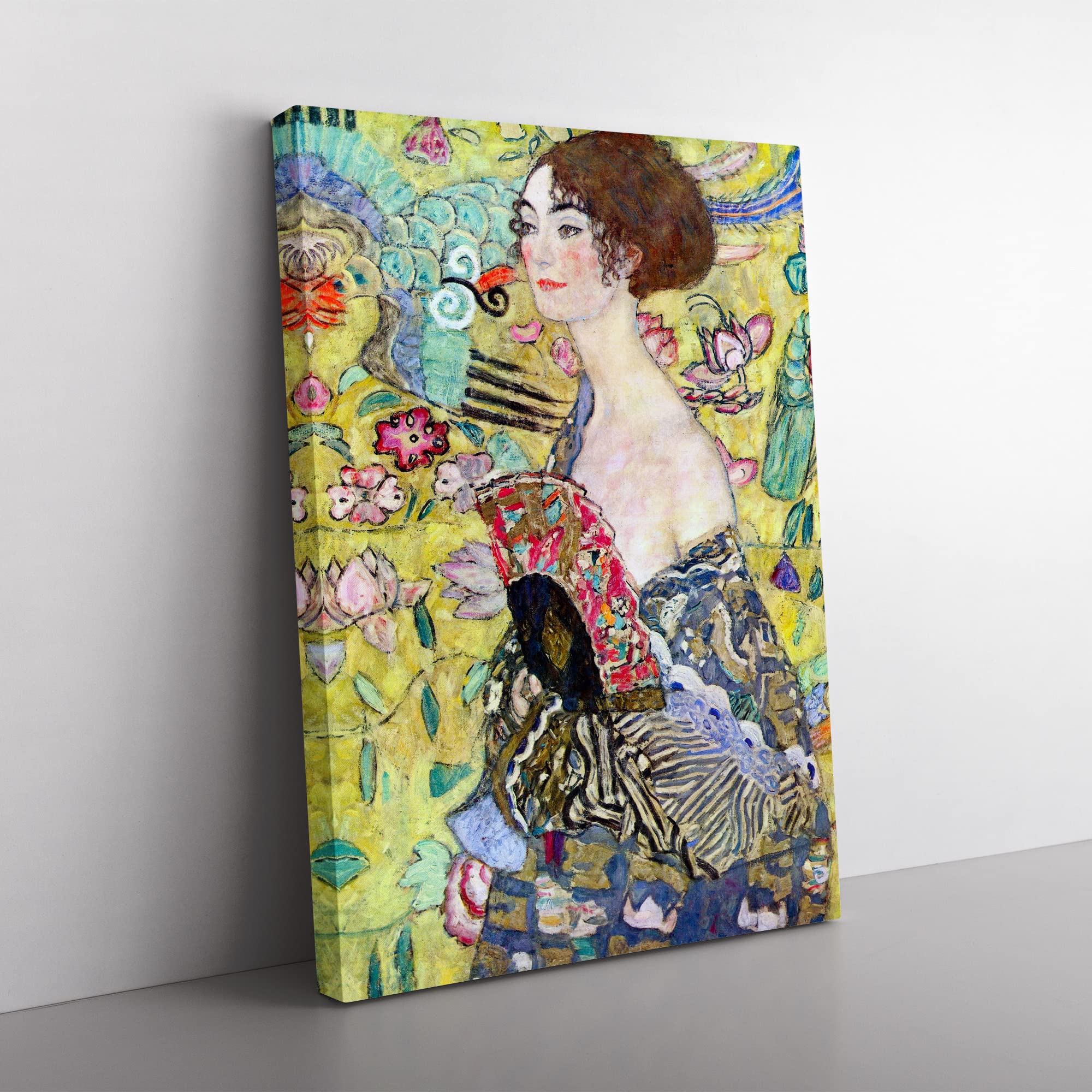 Lady With A Fan By Gustav Klimt Classic Painting Canvas Wall Art Print Ready to Hang, Framed Picture for Living Room Bedroom Home Office Décor, 50x35 cm (20x14 Inch)