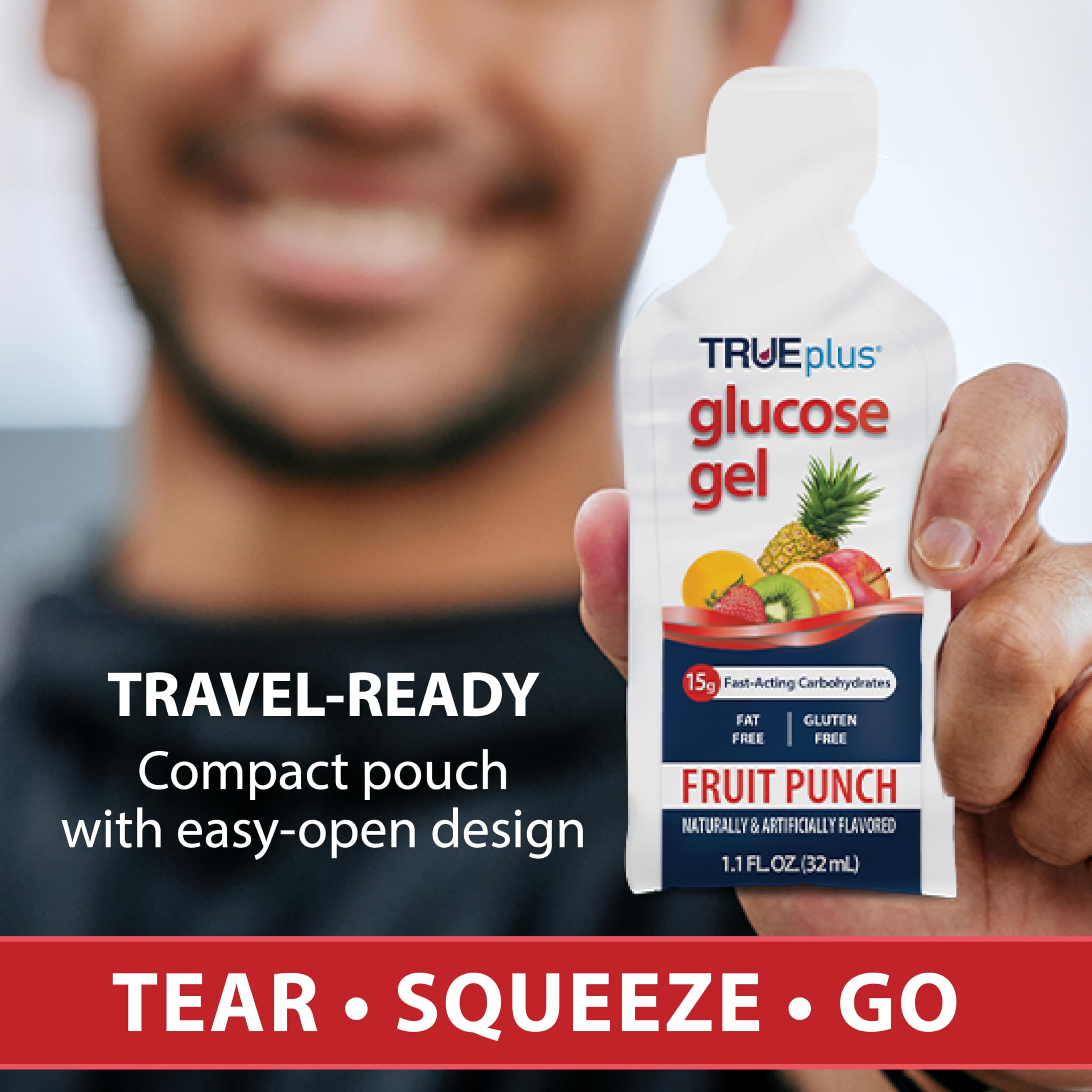 TRUEplus Glucose Gel Pouch, Fruit Punch Flavor, 15g Fast-Acting Carbohydrates, Fat Free, Gluten Free, Quick Support for Low Blood Sugar and Energy, 6 Pack