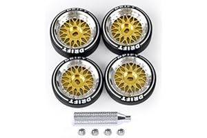 Abendor 4 Pcs Rc Drift Wheels & Logo Drift Tires for 1/24 1/28 Wltoys, [2N+2W] Aluminum Alloy Rims with Rc Drift Car Tires for 1/24 1/28 Mini-Q Mini-D TG Racing Wltoys K969 K989 284131 (Gold)
