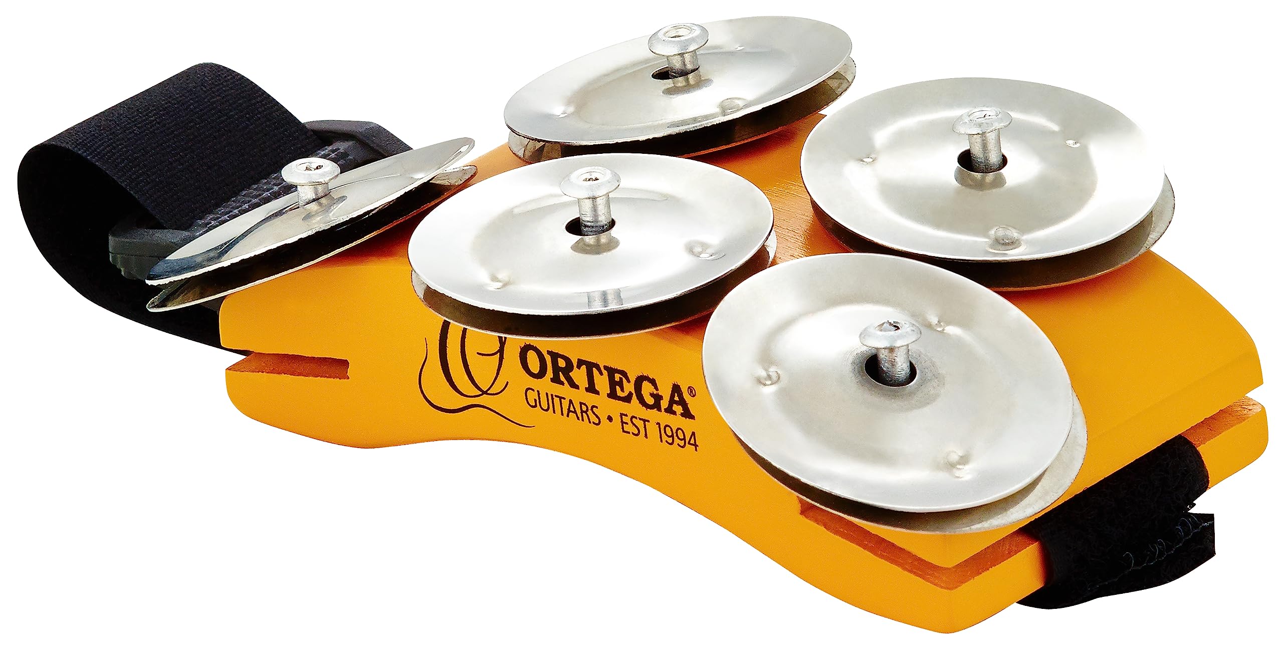 Ortega Guitars Percussion Foot Tambourine - Foot Tambourine with Stainless Steel Jingles - Siam Oak, Orange (OSSFT)
