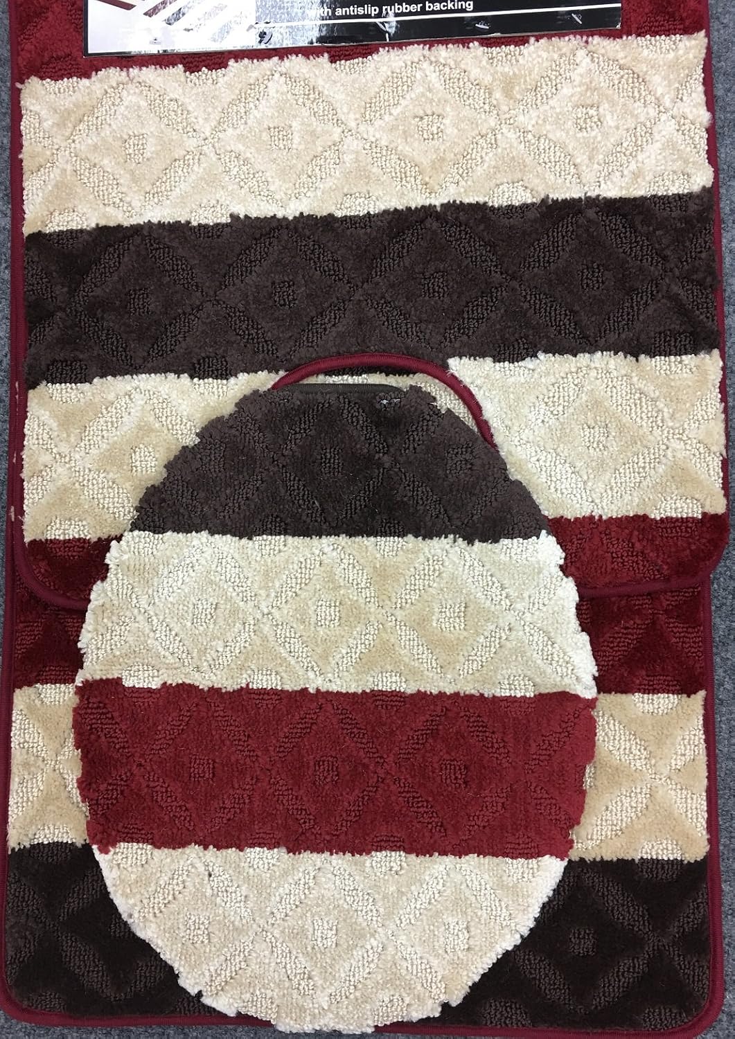 WPM 3 Piece Bath Rug Set Stripe Burgundy Pattern Bathroom
