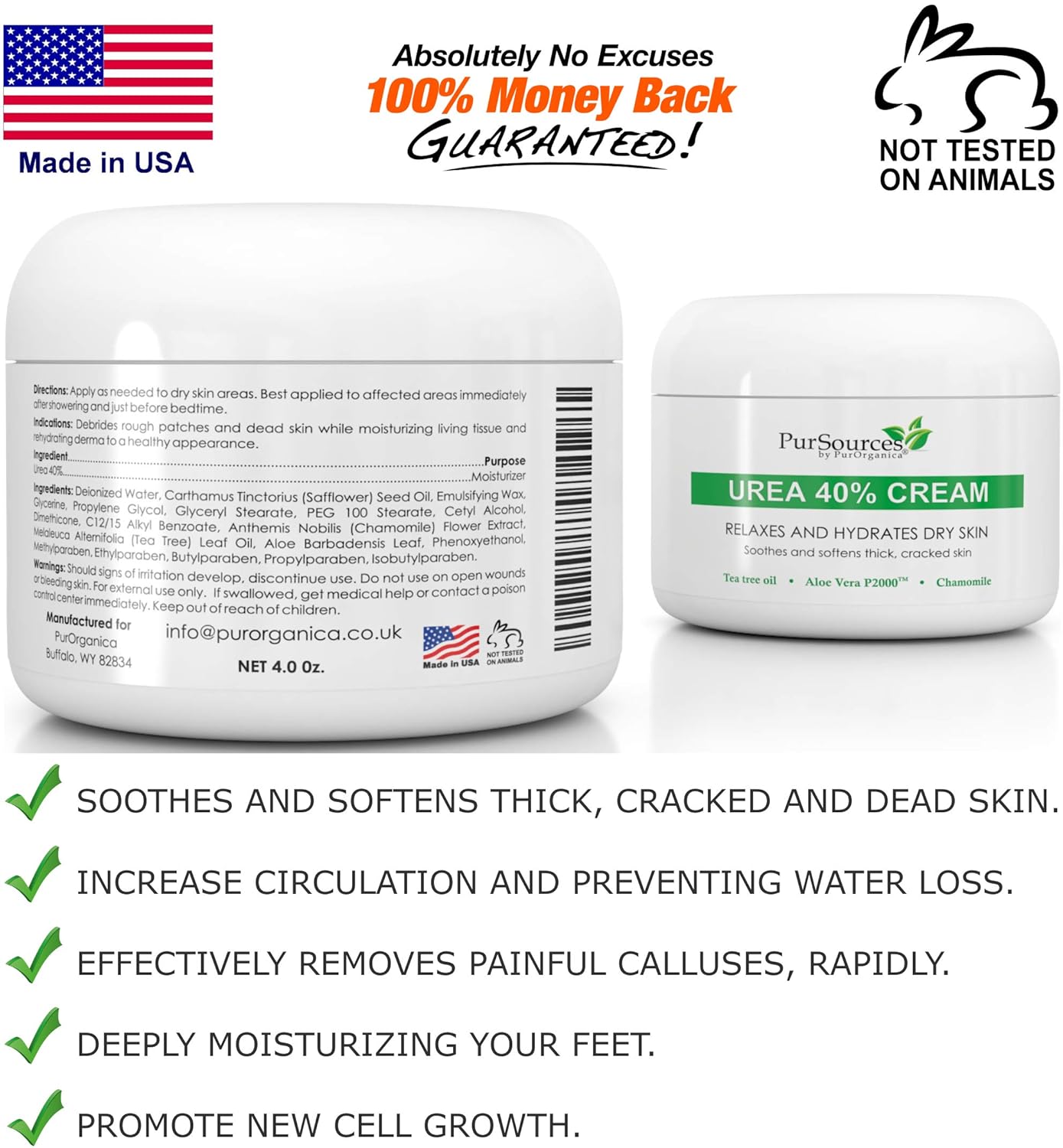 PurSources Urea 40% Foot Cream - No Pumice Stone - Best Callus Remover - Moisturizes and Rehydrates Feet, Knees & Elbows - For Thick, Cracked, Rough, Dead & Dry Skin - 4 oz - 100% : Beauty