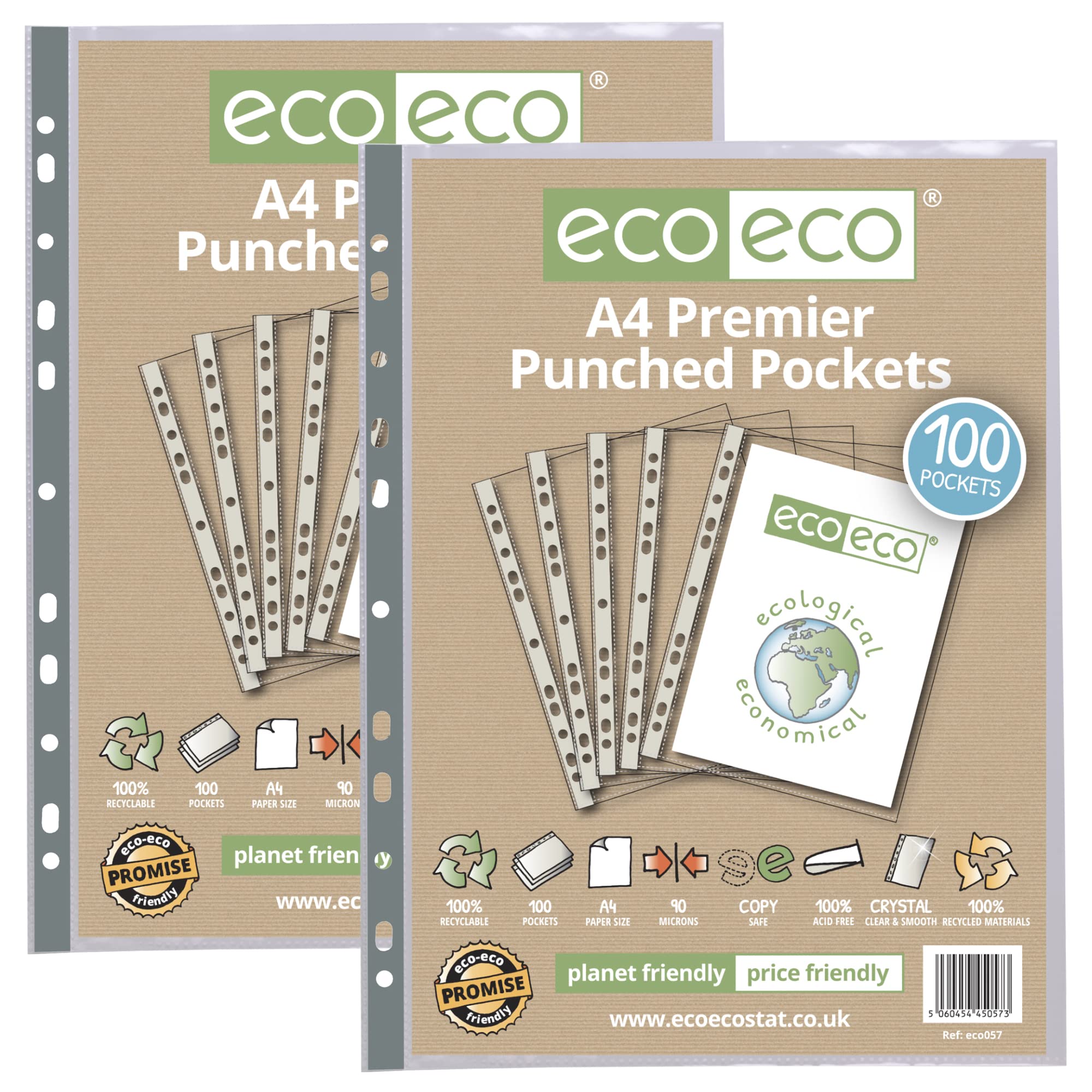 eco-eco A4 100% Recycled Premier Multi Punched Pockets Glass Clear, Transparent Poly Wallet Sheet Protector, 90 Microns (2 Packs of 100), eco057x2