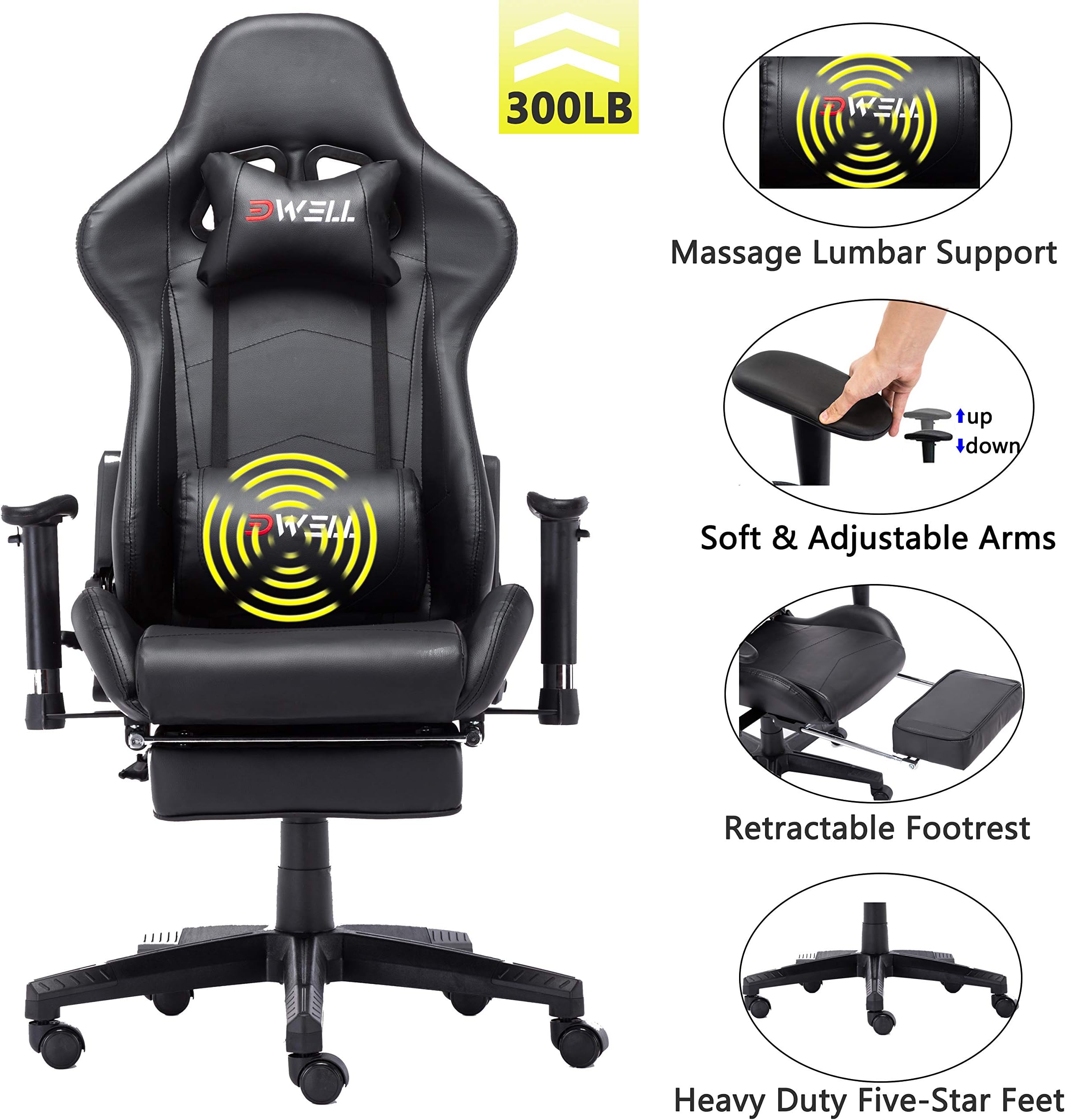 EDWELL Home Office Chair Gaming Chair with Footrest,High Back Computer Gaming Chair, Racing Style Ergonomic Chair PU Leather Desk Chair with Headrest and Massage Lumbar Support, Black