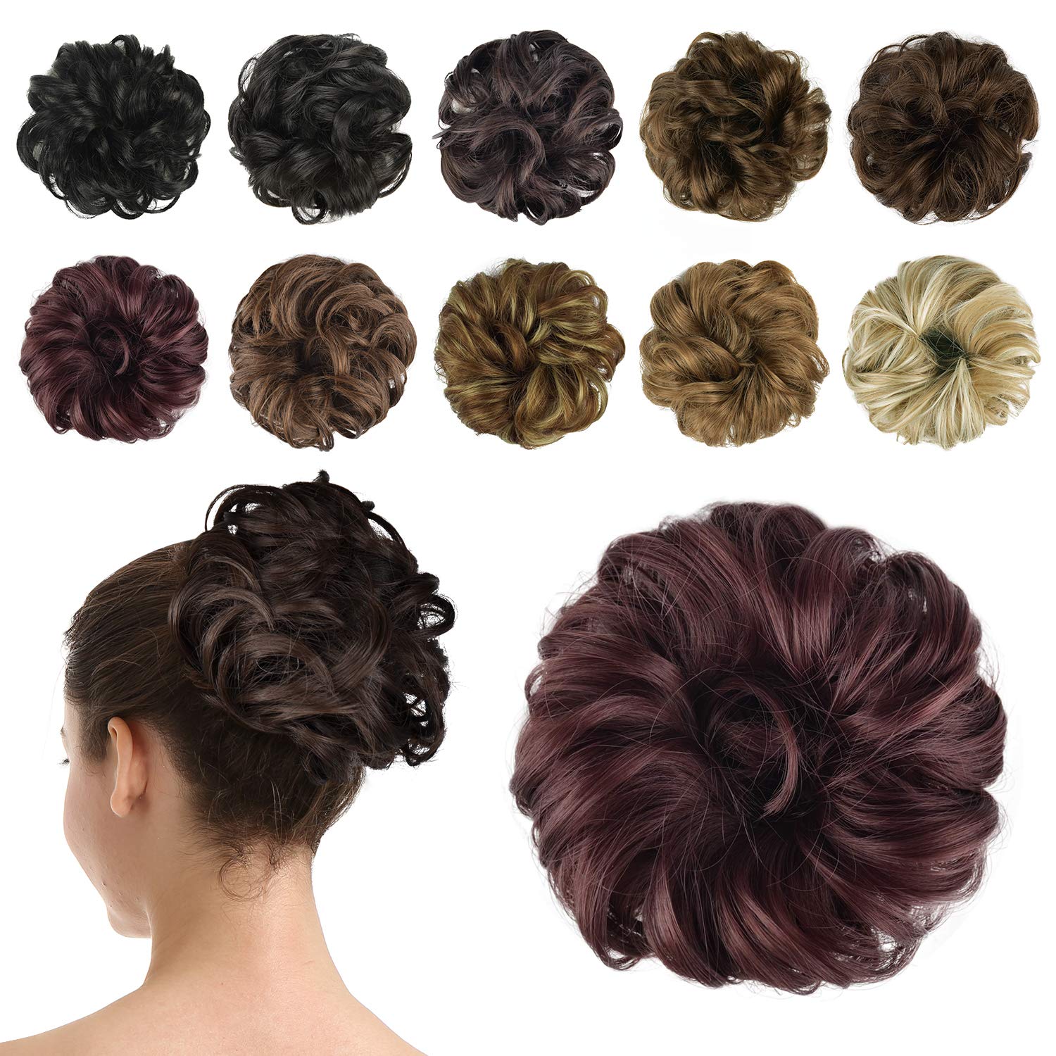 BARSDAR Hair Bun Extensions Hairpiece Hair Rubber Scrunchies for Women Ponytail Extensions Updo Curly Messy Bun - Dark Auburn