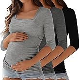 Ficerd 3 Pack Maternity Top 3/4 Sleeve Basic Square Neck Maternity T Shirt Ruched Pregnancy Blouse