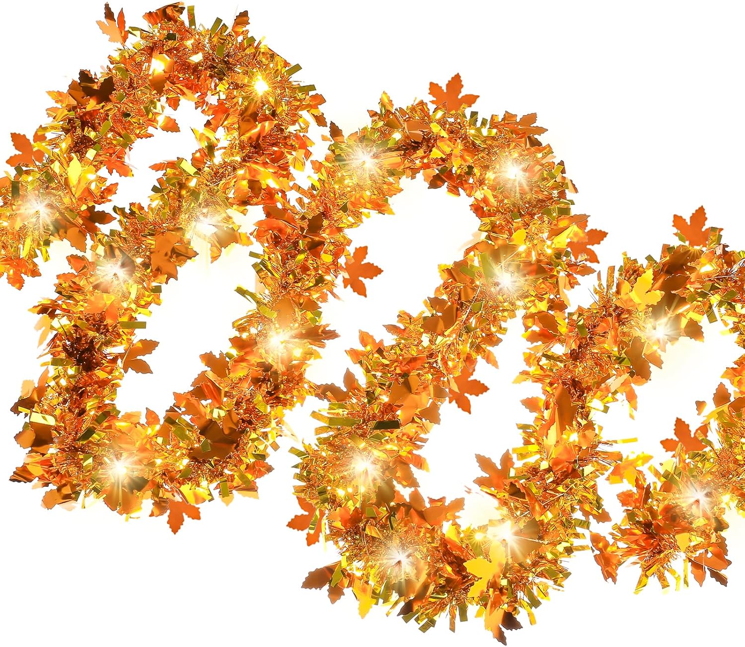 Wreaths, Garlands & Swags - GlyinnHe 19.7Ft Thanksgiving Tinsel Garland with LED Lights Prelit Golden Maple Metallic Twist Tinsel Garland Battery Operted Lighted Foil Hanging Garland for Autumn Thanksgiving Halloween Party