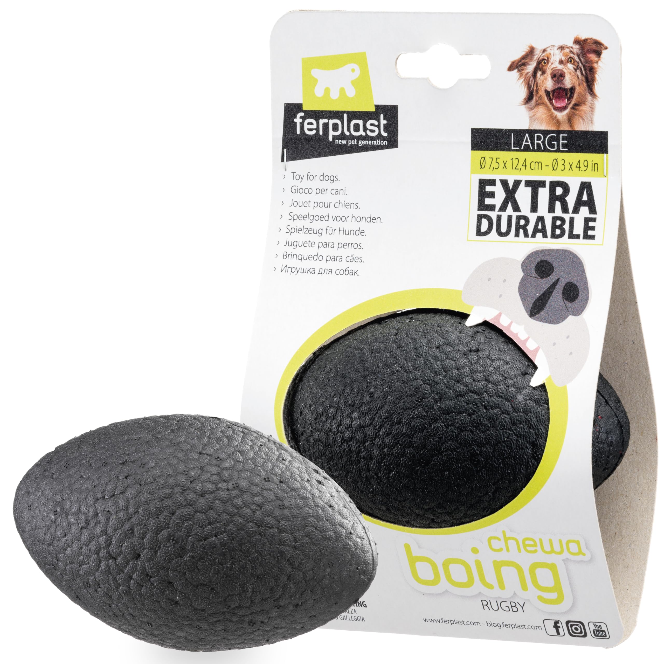 Ferplast CHEWA BOING RUGBY Dog Toy Ultra Durable - Extra Bounce & Floating - Innovative Chewing-Resistant Material - 3D Texture for Dental Hygiene - Italian Design - Size L, Black