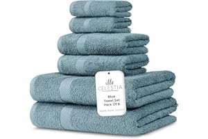 VILLA CELESTIA 100% Combed Cotton Bathroom Towel Set of 6- 2 Bath Towels, 2 Hand Towels, 2 Wash Cloths, Sustainable, Soft, Highly Absorbent 6 Piece Cotton Bath Towel Set Ideal for Hotels, Spa, Bathroom, Dorm, Blue