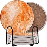Orange and White Marble Round Coasters Set of 6 - Abosrbent Ceramic Coasters with Metal Stand for Drinks, Coffee, Non-Slip Cork Back for Tabletop Protection, 4 Inches Marbled Pattern (Orange)