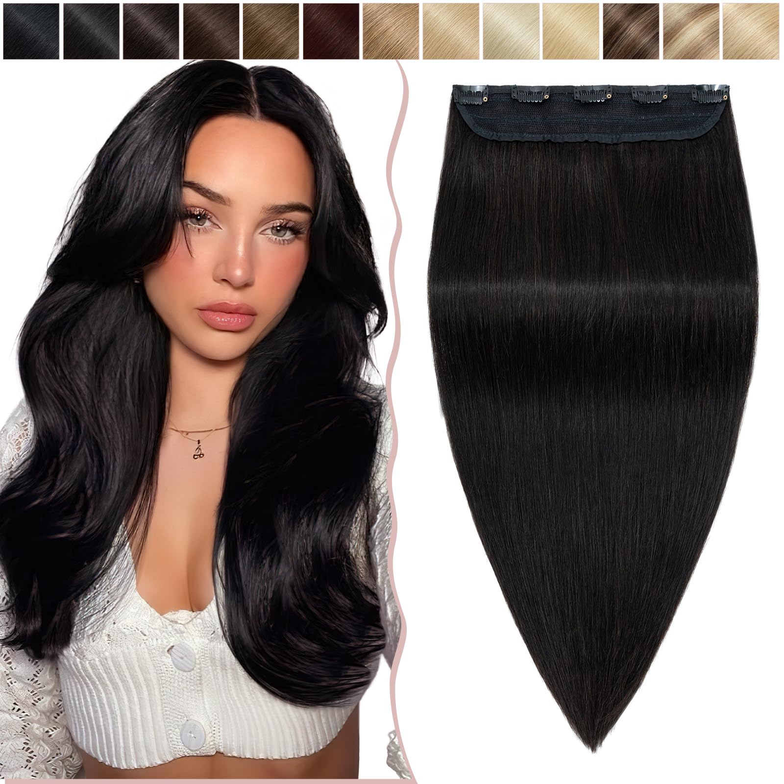 8 inch SEGO One Piece Clip in Real Remy Human Hair Extensions THICK [#1B Natural Black] Hairpieces for Women 3/4 Full Head Straight (60g)