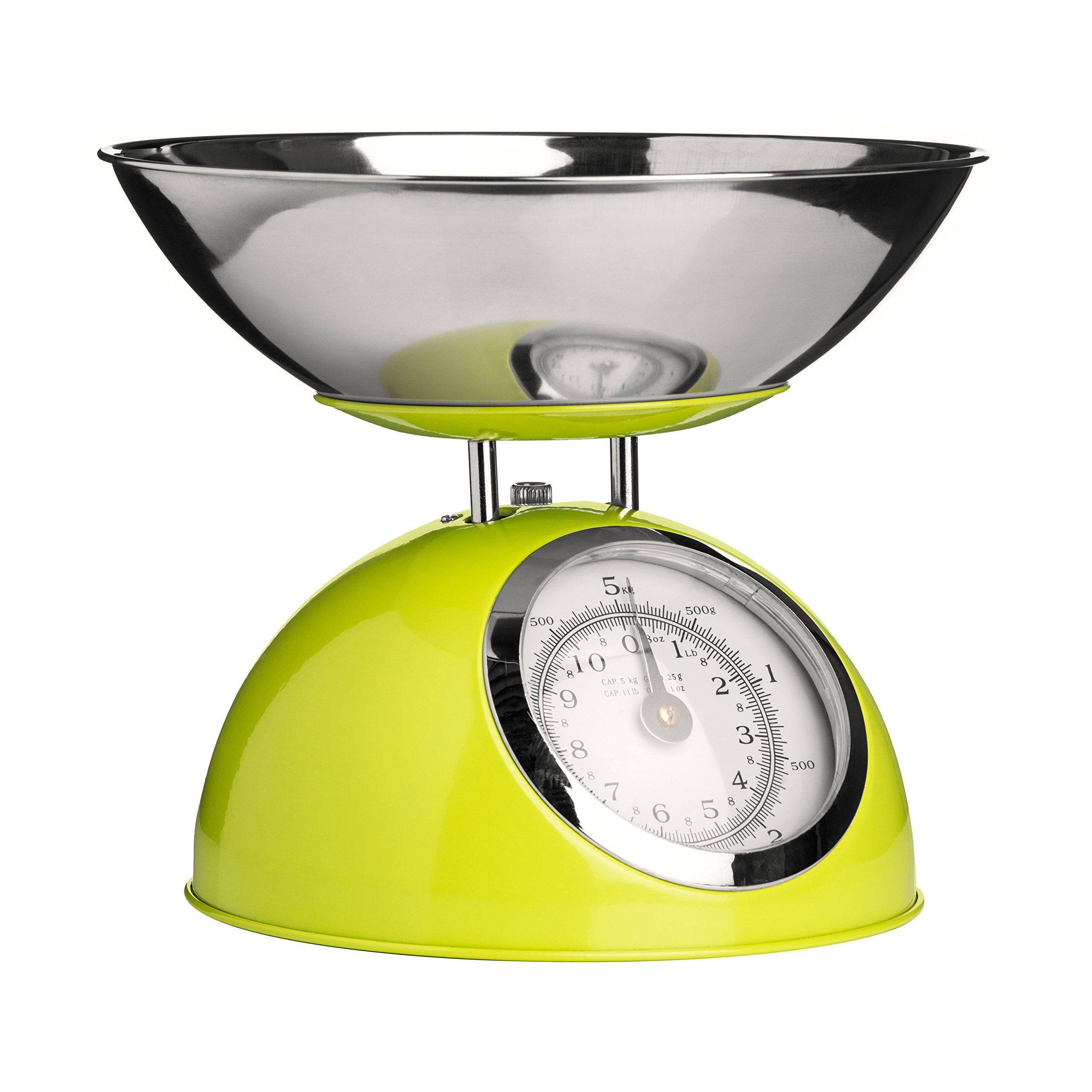 Premier Housewares 807280 Retro Kitchen Scales with Bowl Stainless Steel Food Cooking Scales 5kg Food Scales Weighing Kitchen Scale Bowl Lime Green 21x24 x24