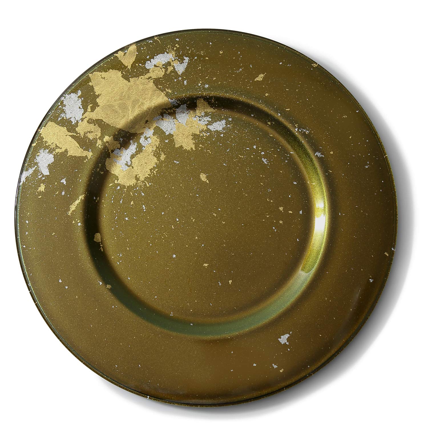 Syosaku Japanese Urushi Glass Charger Plate-L Φ13.9-inch Majestic Green with Gold Leaf, Dishwasher Safe