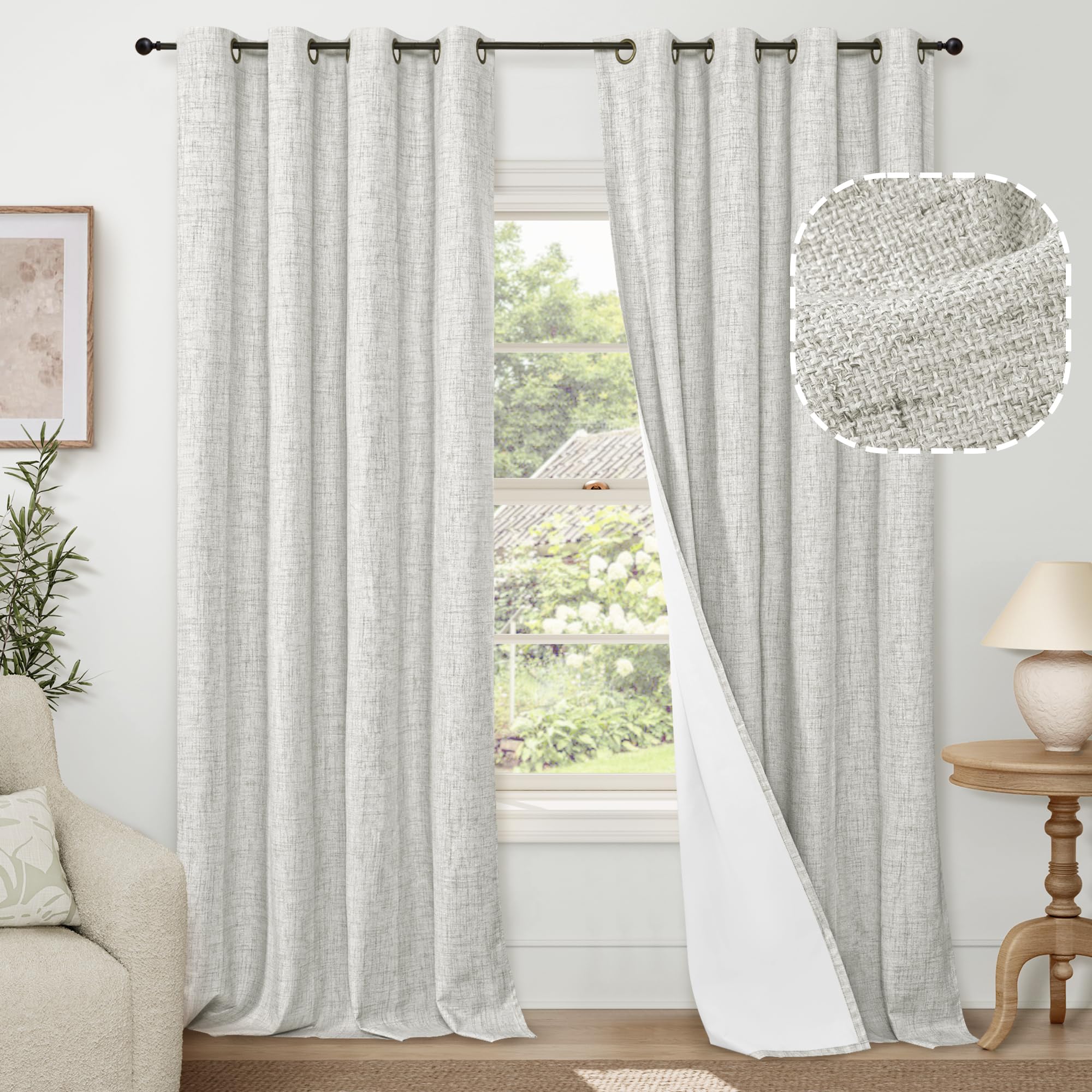 Photo 1 of Lajode 100% Blackout Curtains for Living Room 90 Inch Length 2 Panels Set, Thermal Insulated Light Blocking Boho Faux Linen Window Curtains for Bedroom, Bronze Grommet, Each 52" Wide, Light Grey