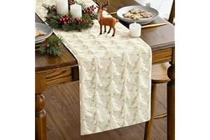 Artscope Xmas Tree Soft Plush Faux Fur Jacquard Christmas Table Runner, Winter Holiday Kitchen Dining Table Decoration for Christmas Home Party Decor 13x72 Inch-Beige