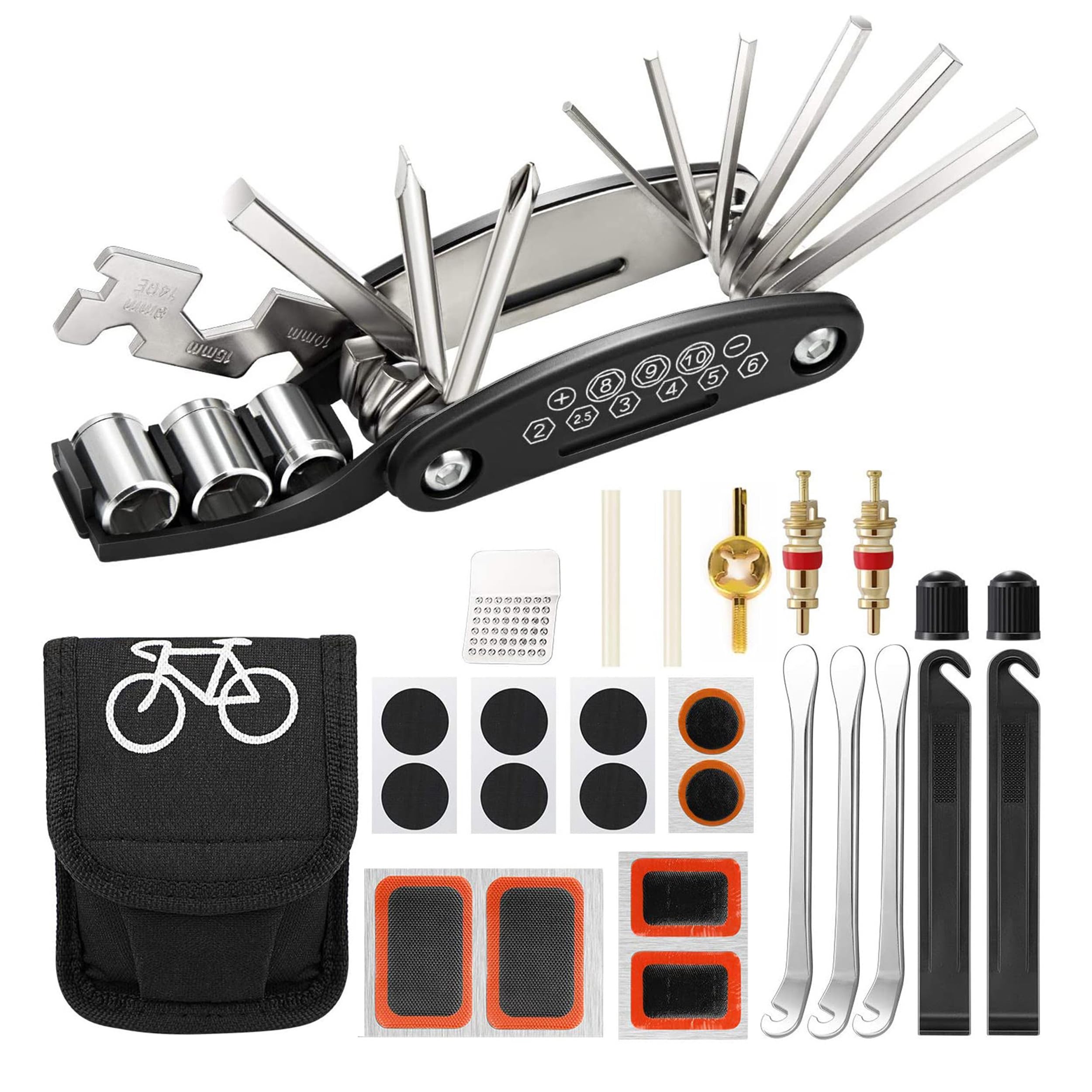 16 in 1 Multifunction Bike Tool Kit - Puncture Repair Kit for Road & Mountain Bikes